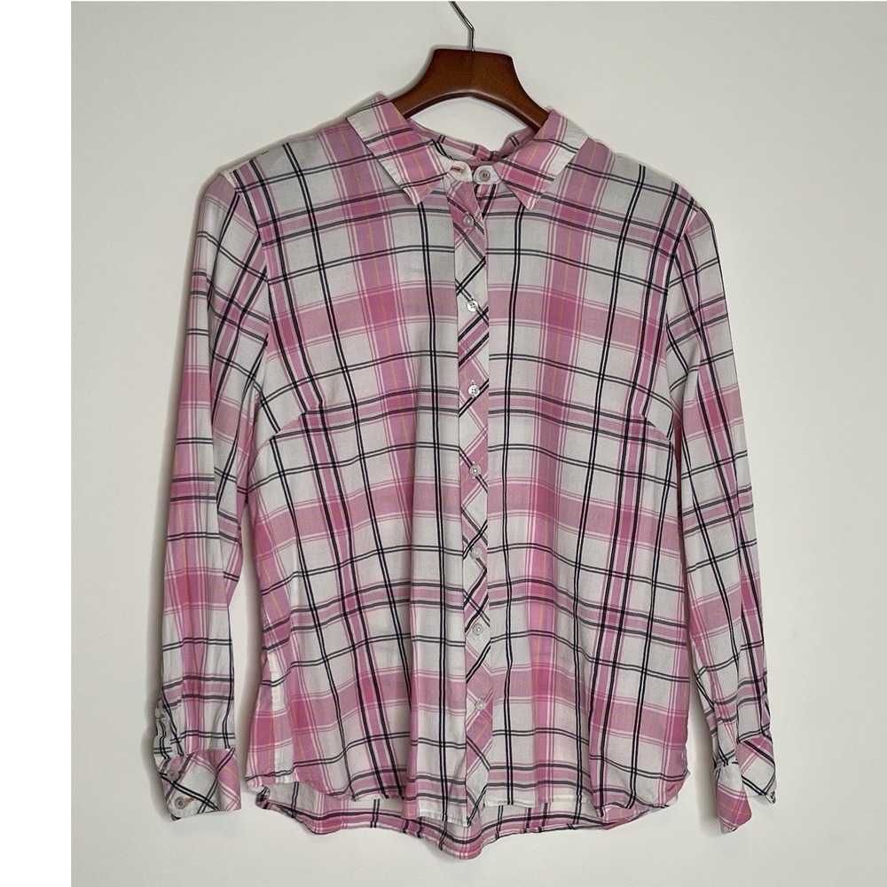 Talbots Petite XL Pink Plaid Button Down Shirt Floral Contrast Preppy Soft Girl